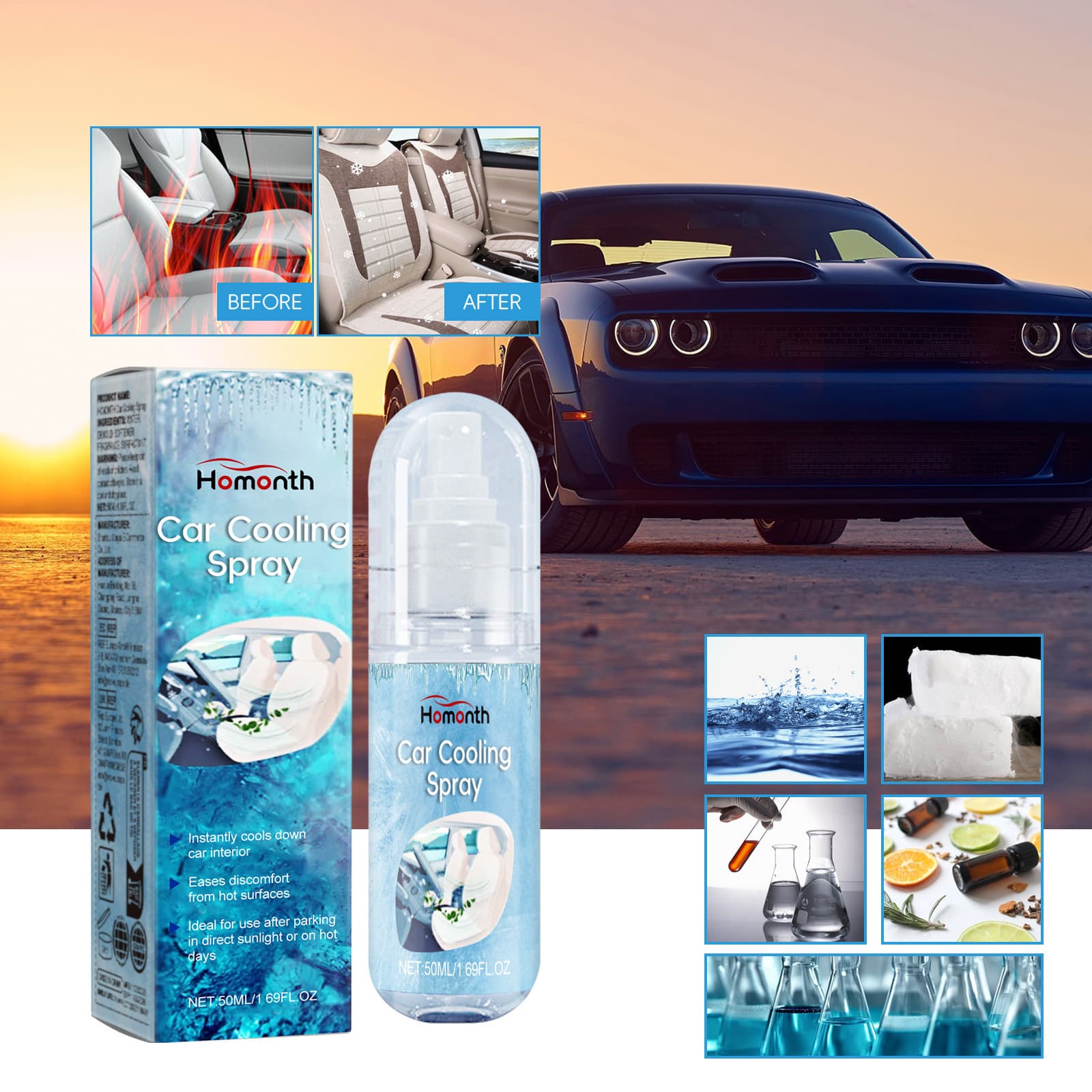 Homonth Car Cooling Spray, Summer Vehicle Temperature Reduction Coolant for a Cooler Drive
