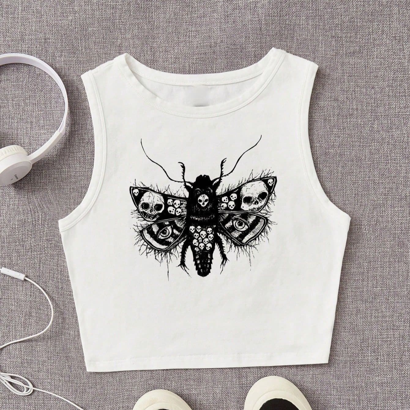 Dark Death Metal Print Vest Crop Top for Women - Sexy Sleeveless Fitted Top