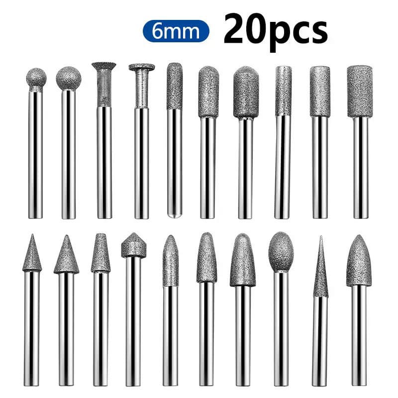 Diamond Grinding Head Set of 20 Pieces with 6mm Shank for Carving Jade, Glass, and Other Materials, Grinding Needles, Diamond Grinding Sticks, 120 Grit