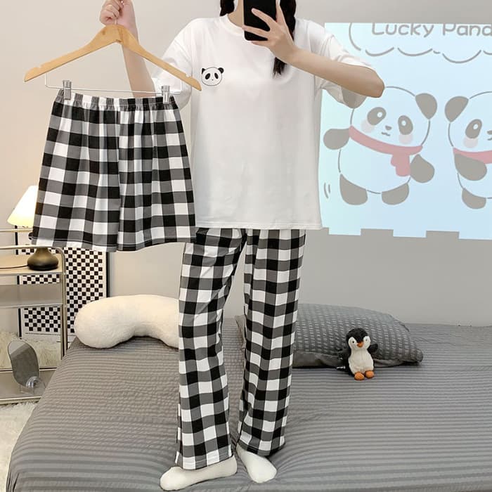 Cross-border Summer Pajamas Women New Short Sleeve Shorts Plaid Pants Casual Homewear Wear-Out Three-Piece Set Wholesale