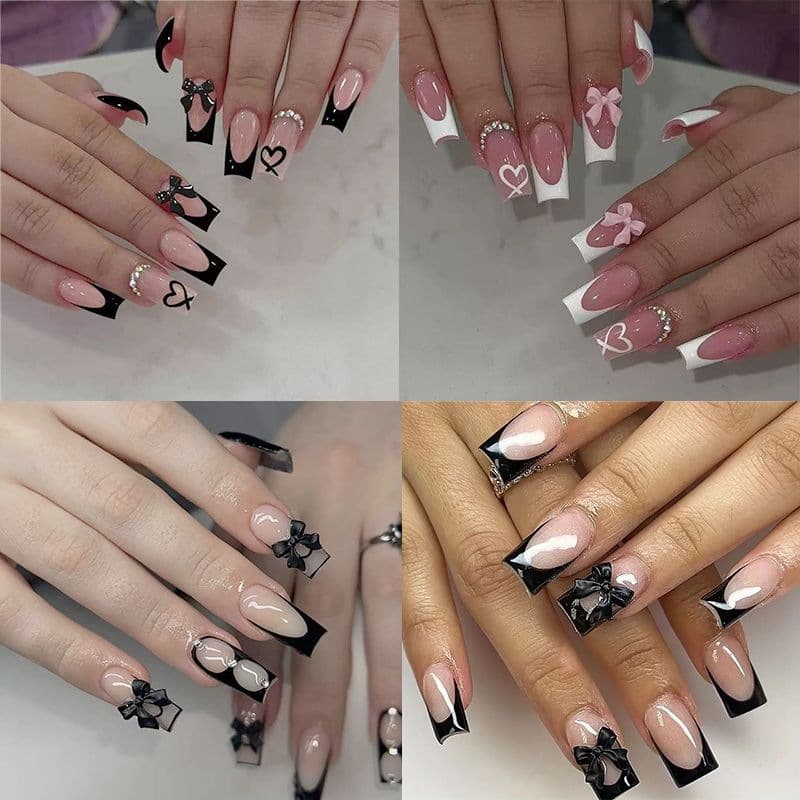 Best-selling 24-piece Cross-border Nail Art Sticker Set, Bow French Long Square Press-on Nails Wholesale