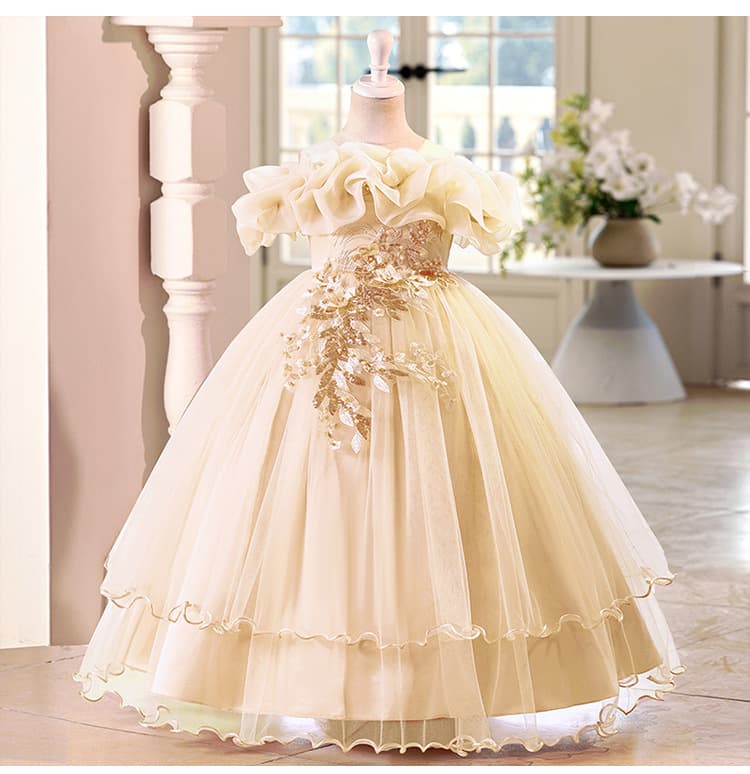 Cross-border Children's Formal Dress Off-Shoulder Tulle Princess Dress Wedding Banquet Piano Performance Party Gown Dress