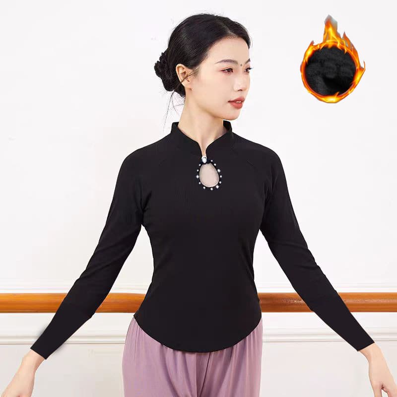 Autumn/Winter New Fleece-Lined Stand Collar Rhinestone Dance Wear, Ribbed Cotton Thin Fleece Warm Casual Long Sleeve Women's Sportswear