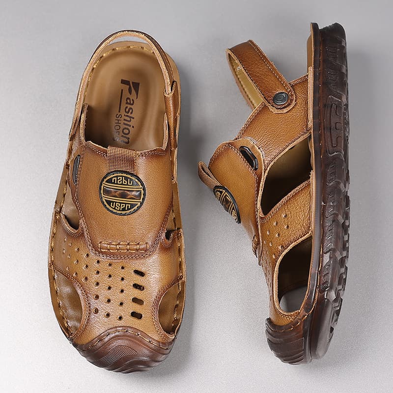 Men's Top Layer Leather Sandals, Closed Toe, Summer Casual Beach Shoes, Non-Slip Hollow Out Slippers, Cowhide