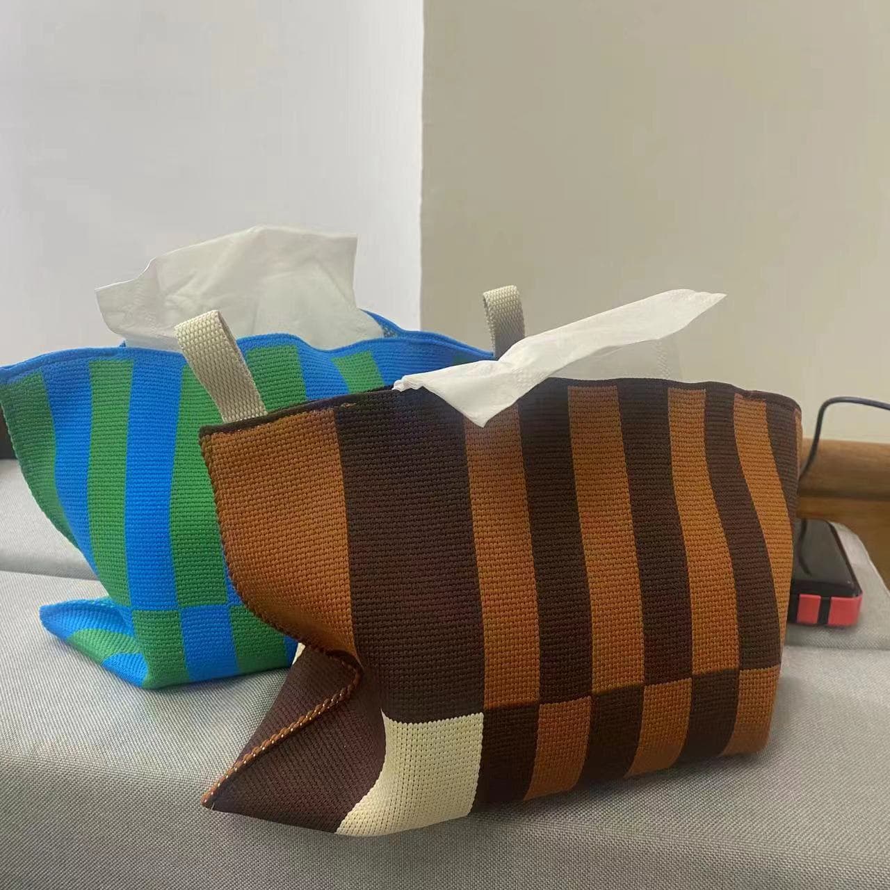 Nordic Ins Style Striped Knitted Tissue Bag for Living Room Dining Table Tissue Box Decorative Desktop Storage Napkin Holder