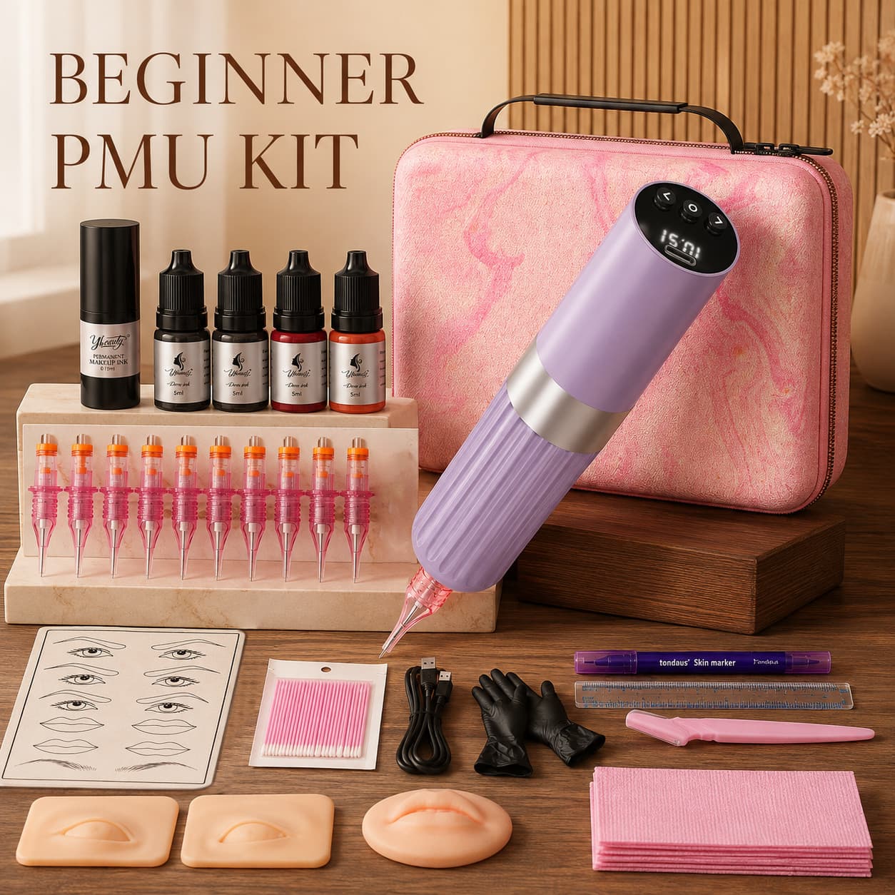 Tuffking Permanent Makeup Full Kit: Lip, Eyebrow, and Eye Liner Practice Modules, Pigments, and Integrated Needles Consumables