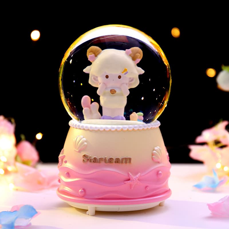 Cute Zodiac Constellation Crystal Ball Snow Globe Rotating with Light Glowing Ornament Music Box Children Student Gift