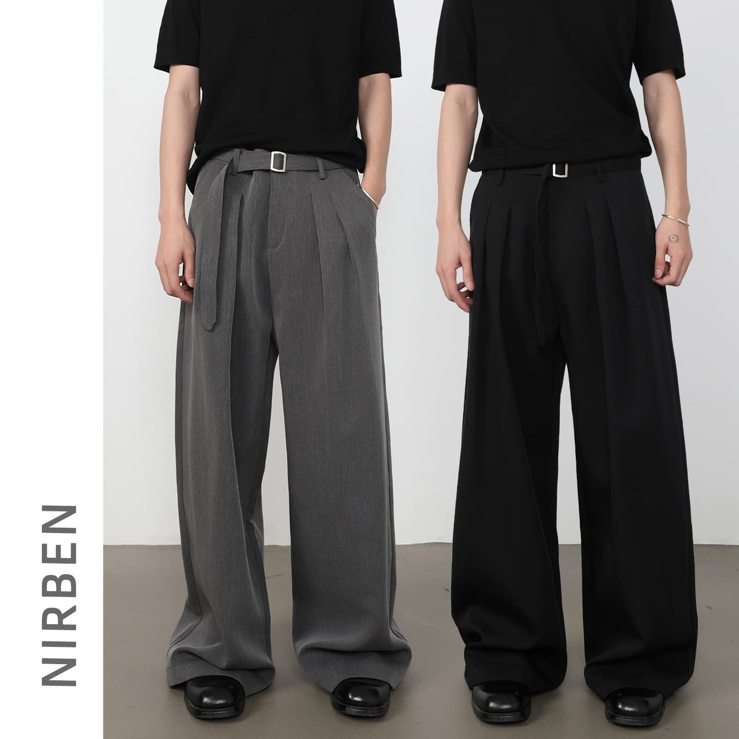 nirben men's clothing | Three-dimensional cut double pleated A-line trousers for men, solid color, simple and versatile casual trousers, trendy