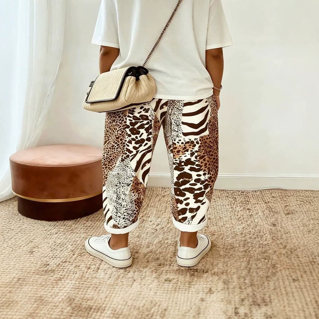 2026 New Leopard Print Patchwork Casual Pants for Women, Loose Fit, Slimming, Cropped Pants, European and American Style, Fashionable and Versatile Wide-Leg Pants