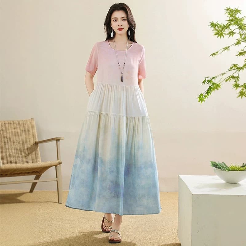 Literary style tie-dye gradient color, beautiful and non-contrasting high-end cotton silk dress for women, loose, slimming and elegant long skirt