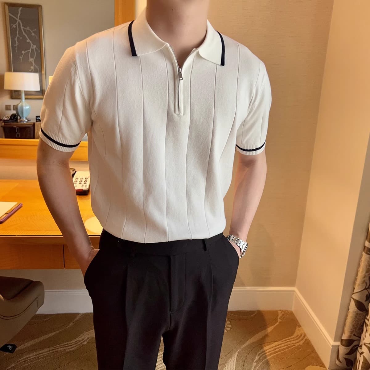 Summer short-sleeved sweater for men with half zipper POLO shirt lapel light luxury business cross-border wholesale summer quick-drying ice silk