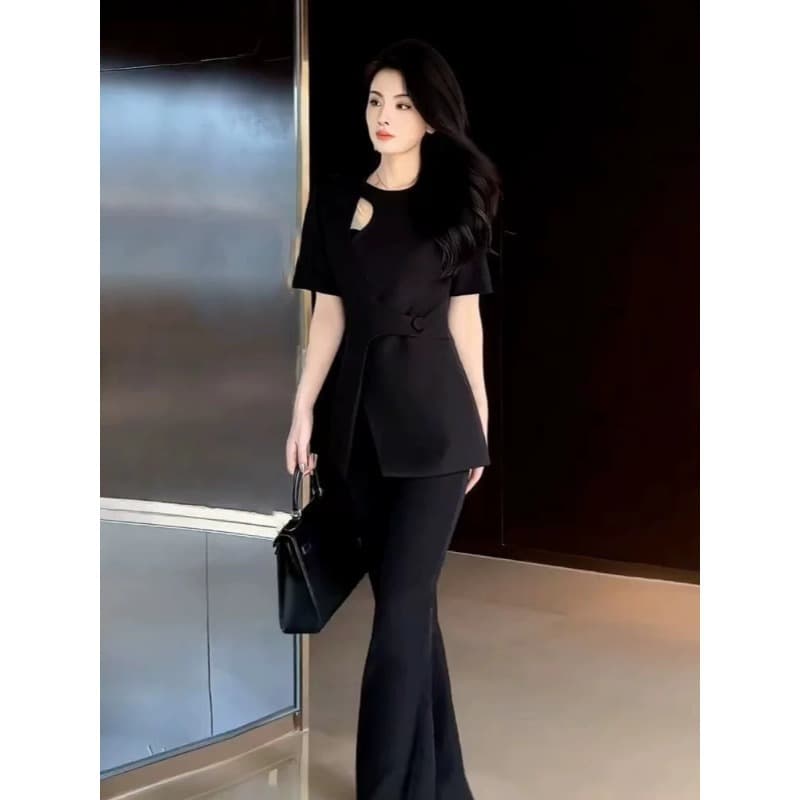 3031 Plus Size Women's Designer Jacket Set for Curvy Women, Premium Professional Light Luxury Flared Long Pants Two-Piece Set