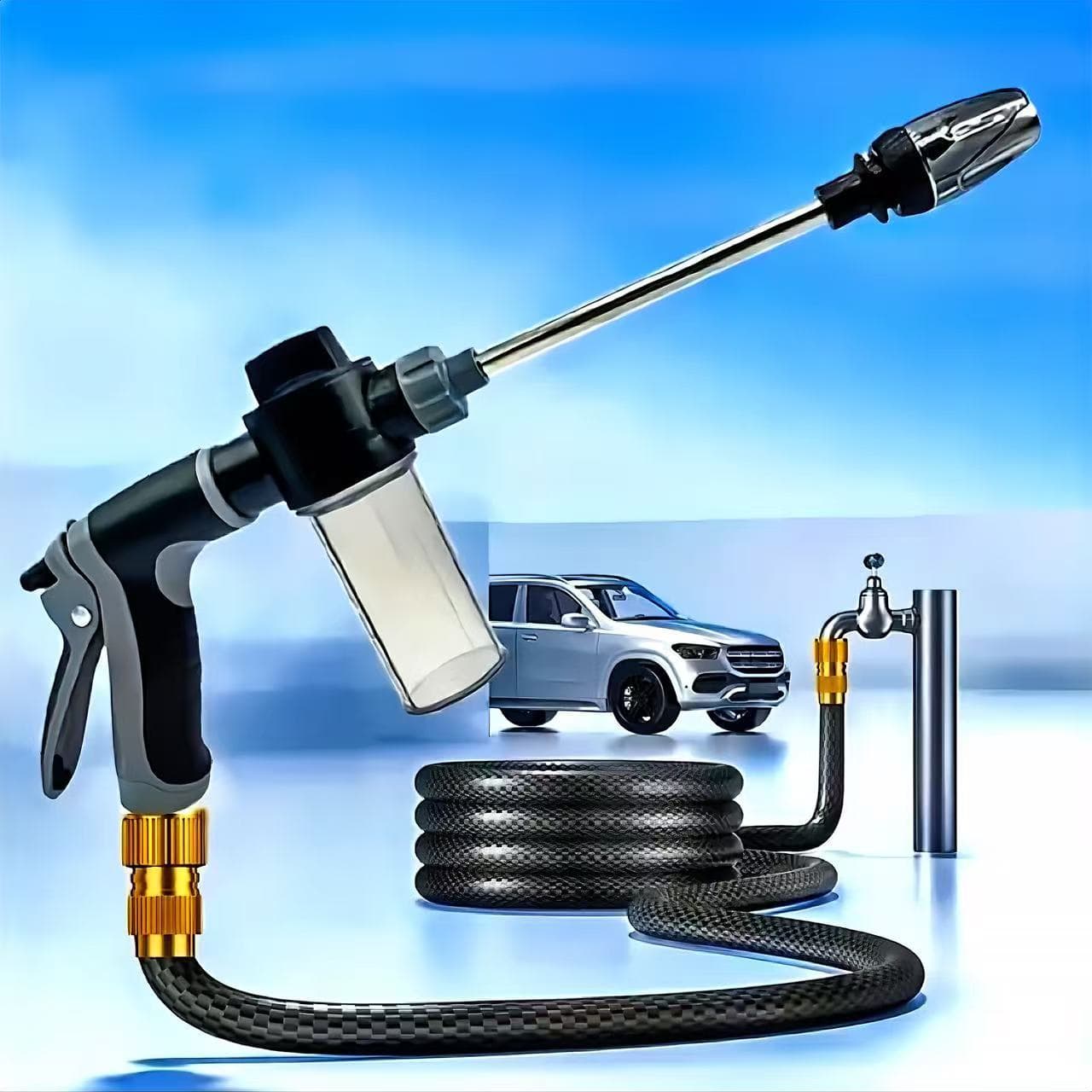 Home long-handled car wash water gun garden nozzle household car wash tool metal extended handle rubber-coated handle