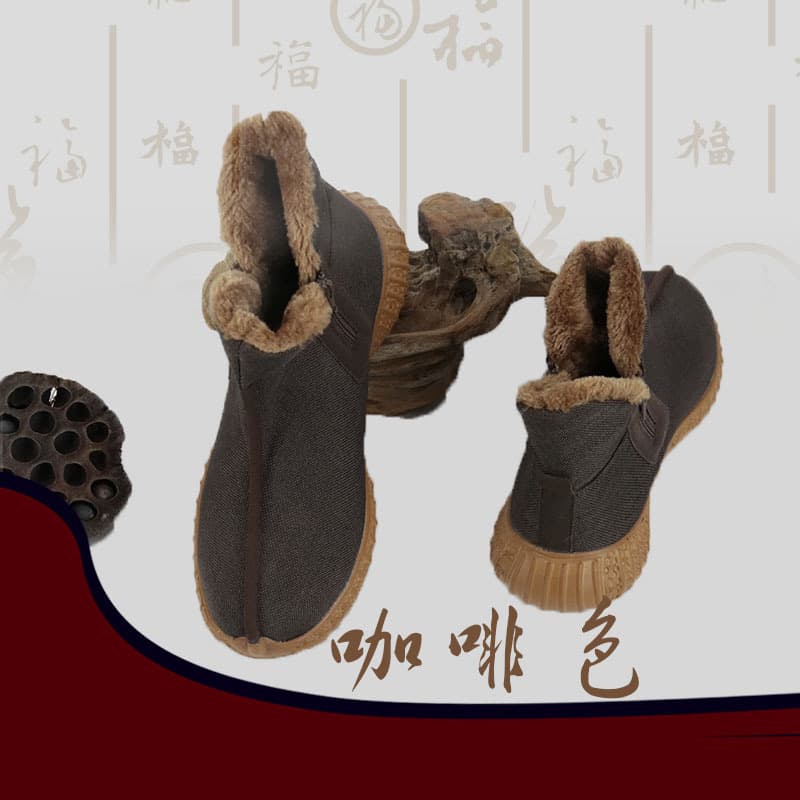 Winter monastic shoes with fleece lining and thickened cotton for warmth, snow boots for monastics, including monks and nuns' meditation shoes.