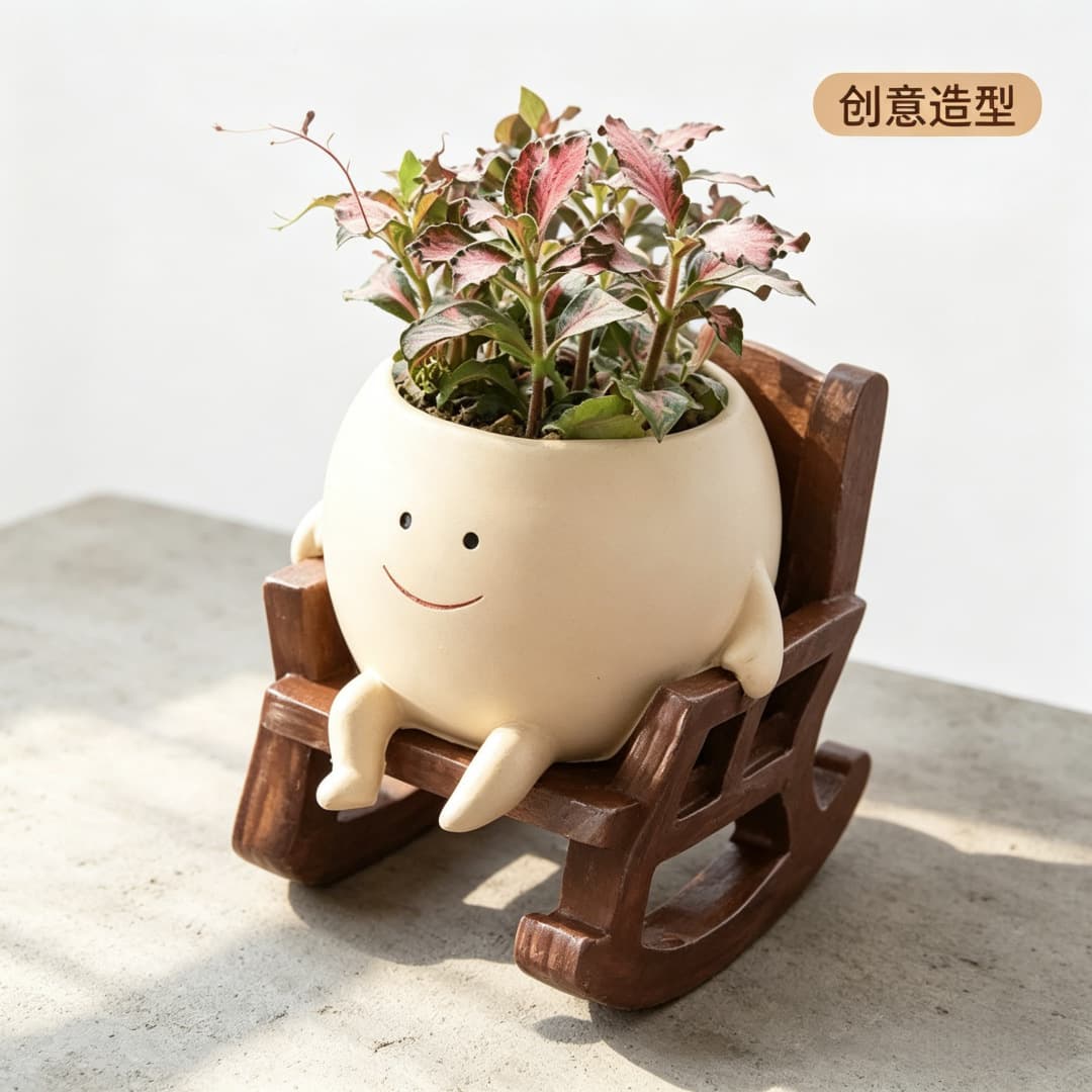 Cross-Border Best-Selling Healing Smiley Face Flower Pot, Rocking Chair Shape, Breathable Desktop Succulent Green Plant Decorative Flower Pot Wholesale