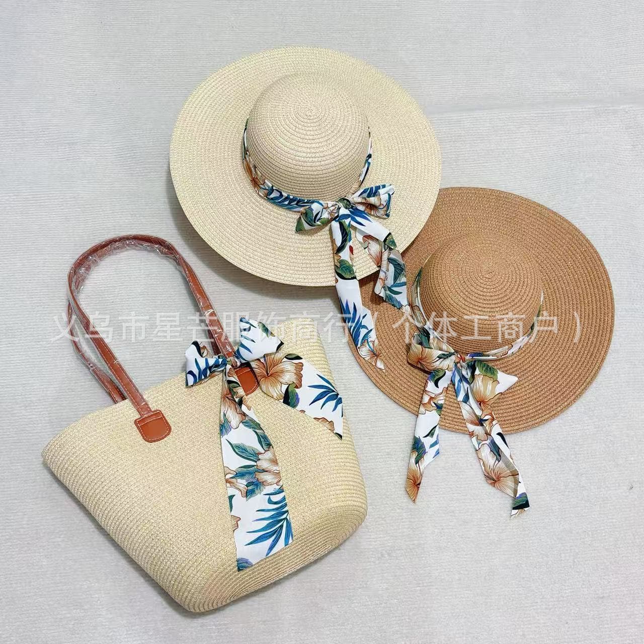 Ribbon Straw Bag Set for Women 2026 New Style Beach Vacation Fashion Floral Sun Hat Large Capacity Shoulder Bag