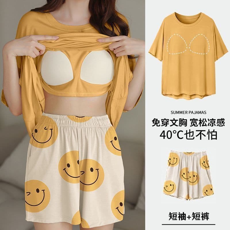Women's Summer Short-Sleeve Sleepwear Set with Built-in Pads, Cute Korean Style, Student Loungewear, Loose Fit Plus Size
