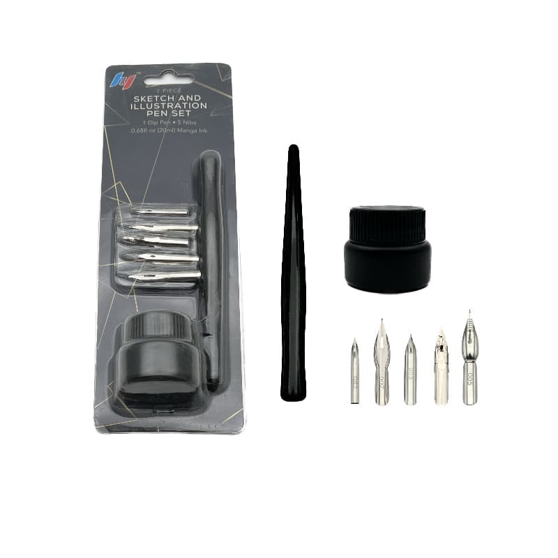 Dip pen set, solid wood barrel, 5 nibs, English writing ink set, comic book dip pen
