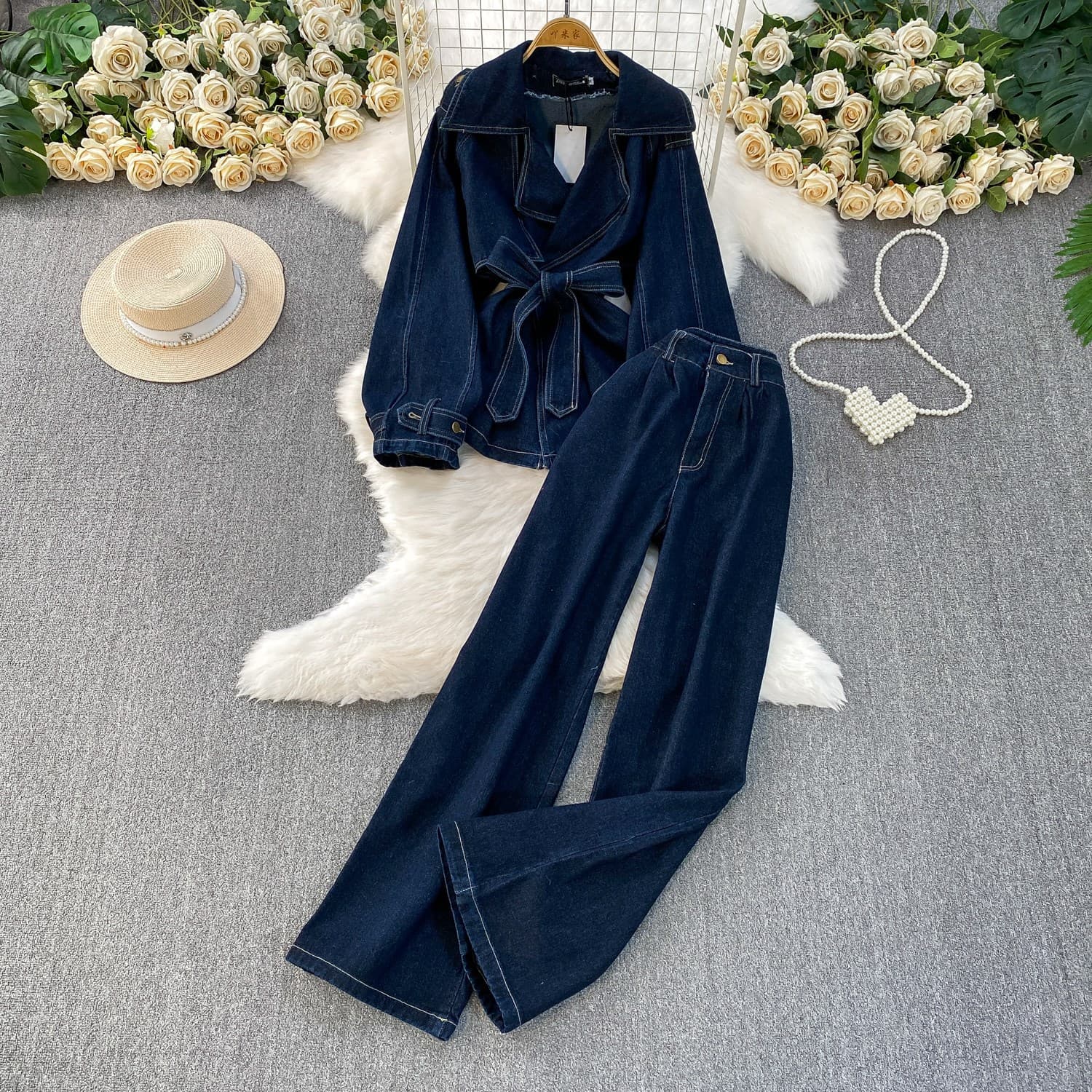 Cross-border Hong Kong-style Elegant Waist-accentuating Notch Lapel Long-sleeve Denim Jacket + High-waist Straight Wide-leg Pants Set