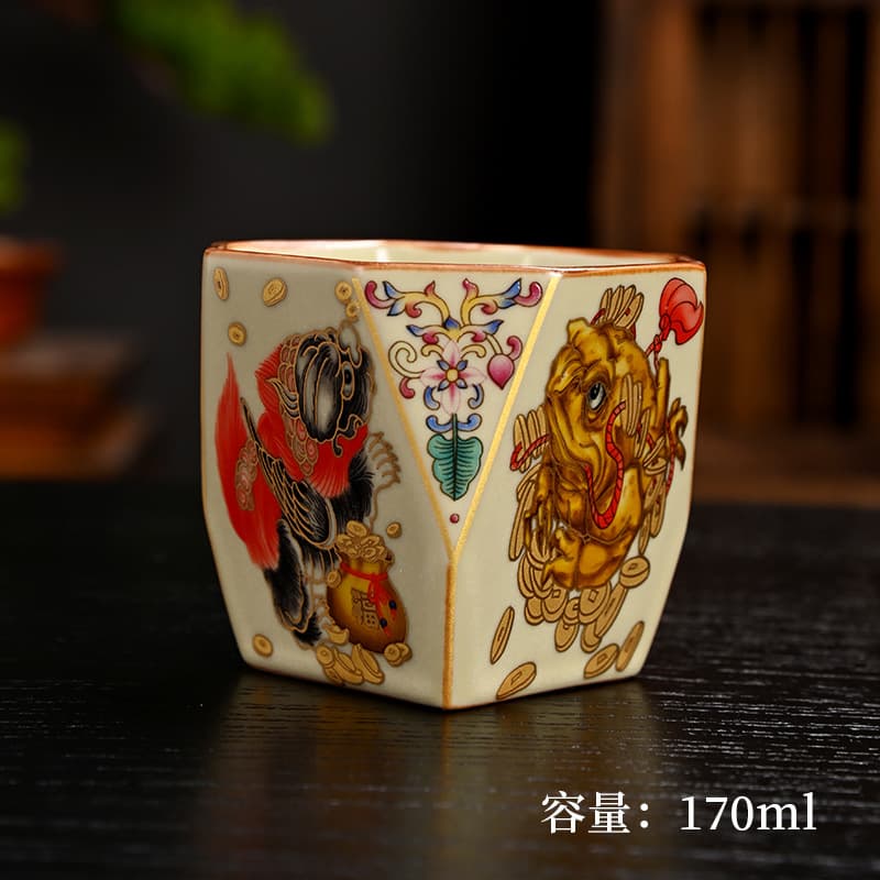 Ru Kiln Octagonal Tea Cup - Tea Tasting Cup with Crackle Glaze, Host and Guest Cups, Enamel Tea Cup, Personal Ceramic Souvenir Companion