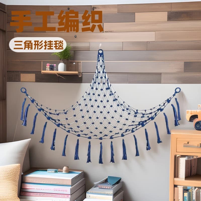 Triangular wall toy mesh bag, plush toy hand-woven lace hammock, Bohemian storage hammock.
