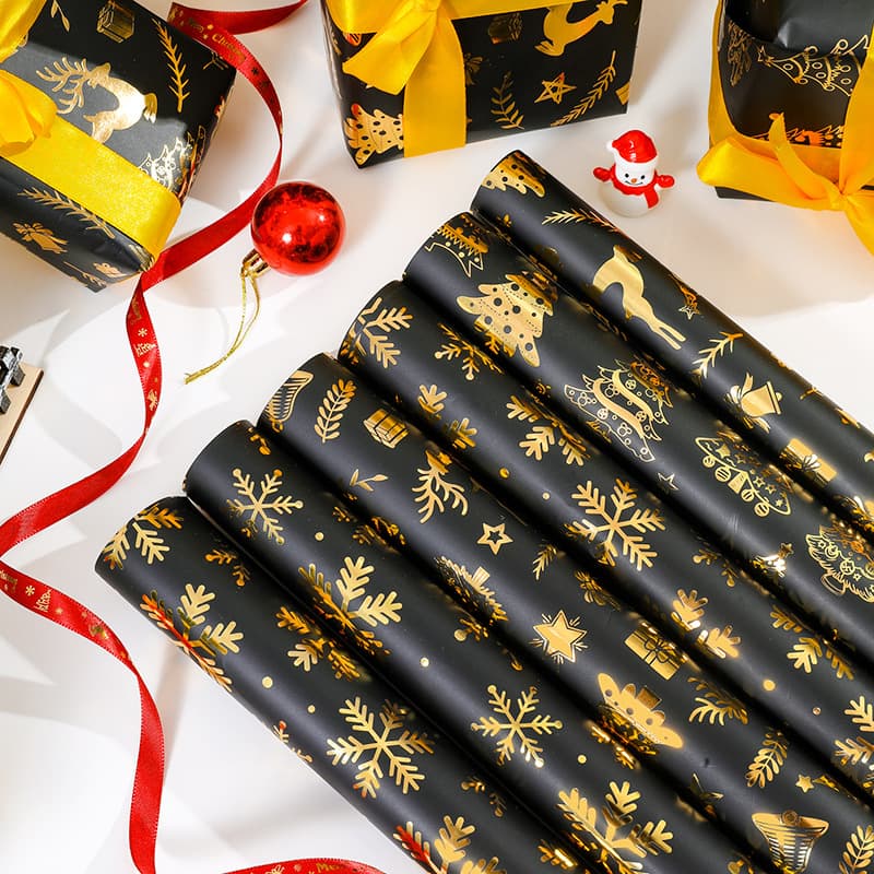 Cross-border New Christmas Hot Stamping Wrapping Paper, Vintage Black and Gold Reindeer Snowflake Christmas Tree Gift Wrap