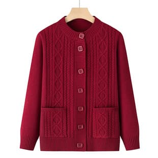 Fashionable Autumn Loose Knit Cardigan for Moms Long-Sleeve Jacket Top for Middle-Aged Red Sweater for Seniors