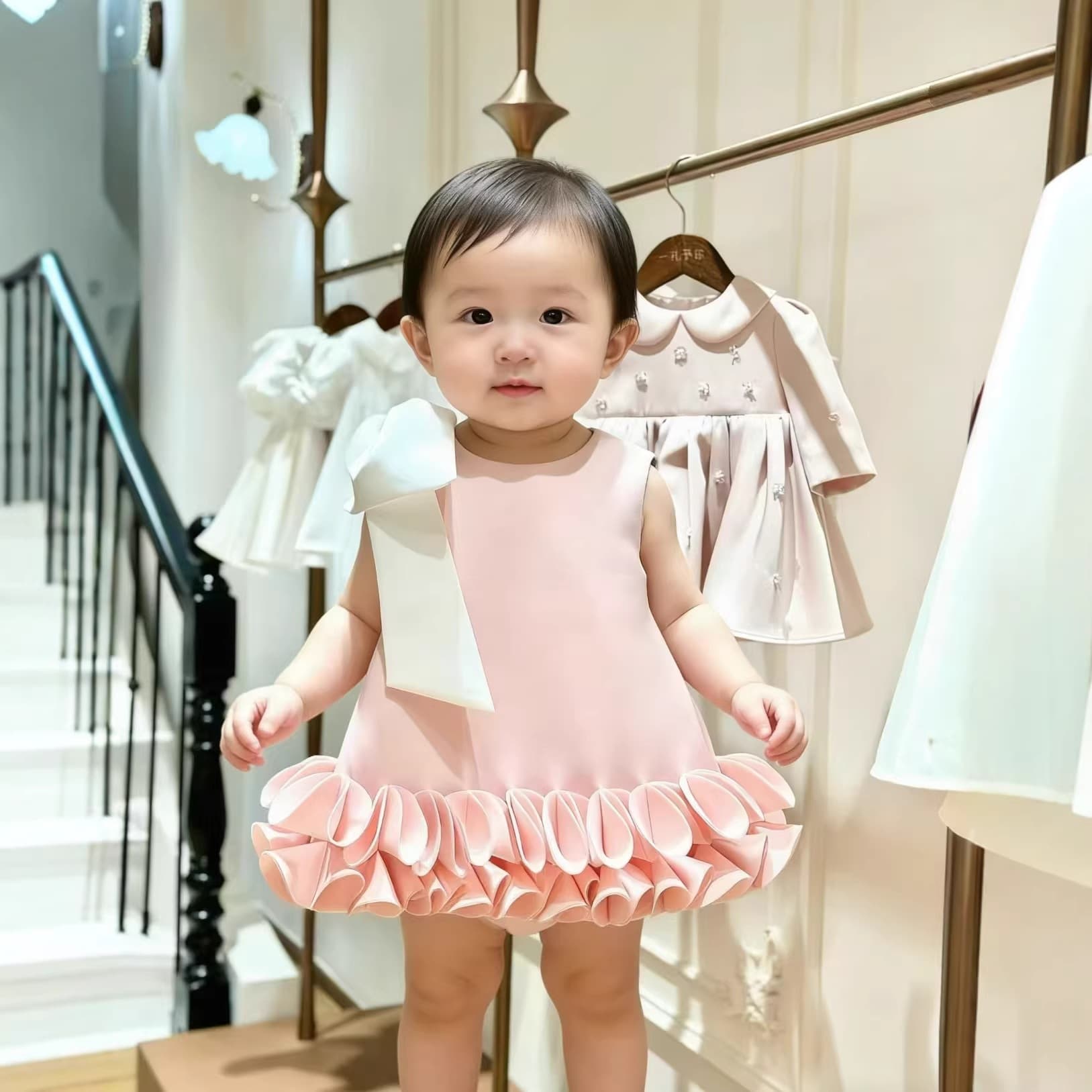 Pink 3D Petal Princess Dress Baby Girl Birthday Party Dress Big Bow Sleeveless Kids Cake Dress