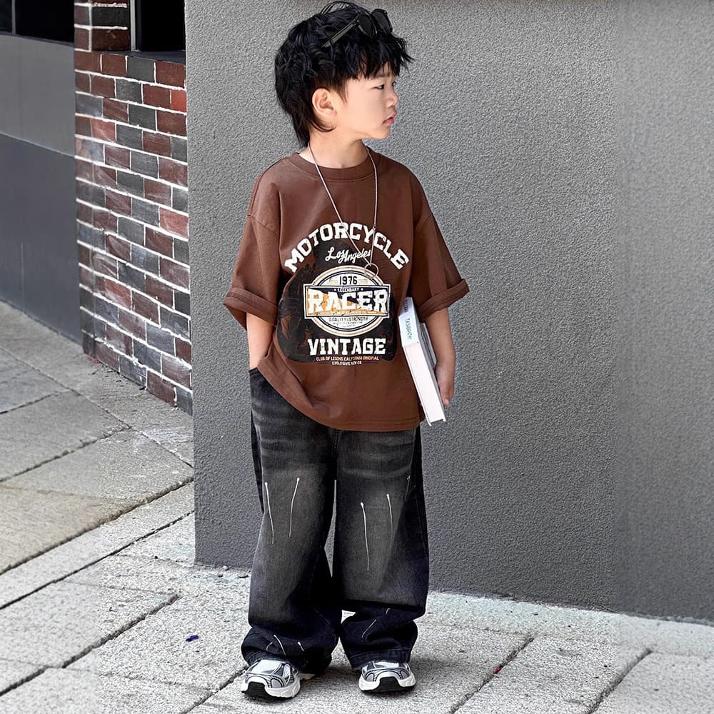 Black splash-ink four-season washed loose jeans for boys and girls with drapey floor-length children's clothing wide-leg straight pants