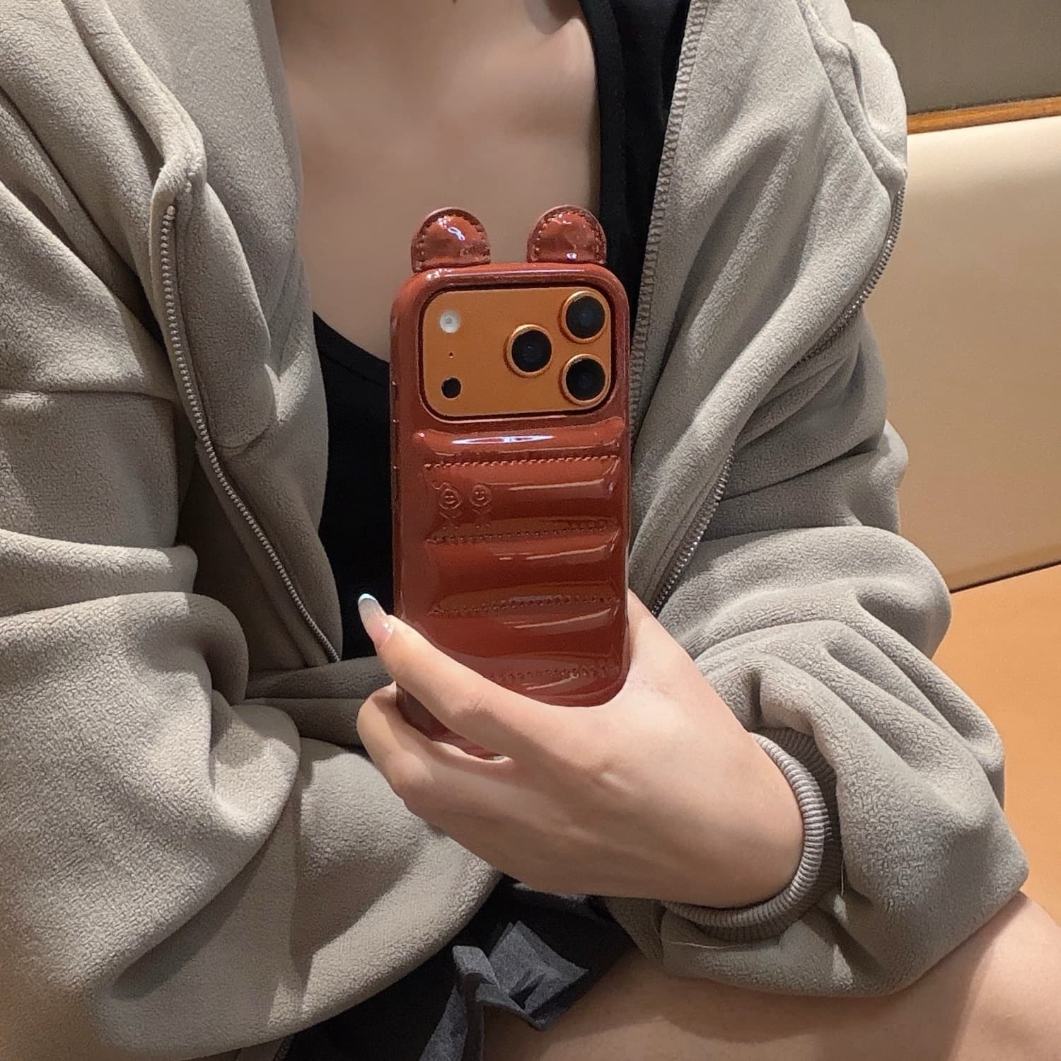 Korean Down Jacket Brown Bear Ears iPhone 17 Apple 16 Compatible 14/15 Pro Max Phone Case Shockproof