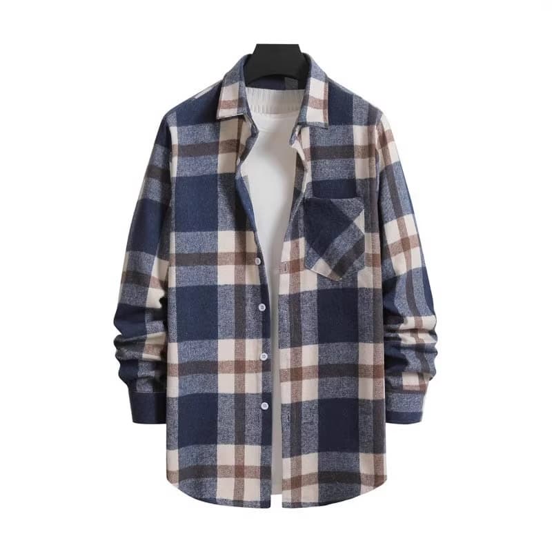 2023 Fall/Winter European and American Men's Casual Long-Sleeve Shirt Youth Fashion Brushed Plaid Shirt Jacket