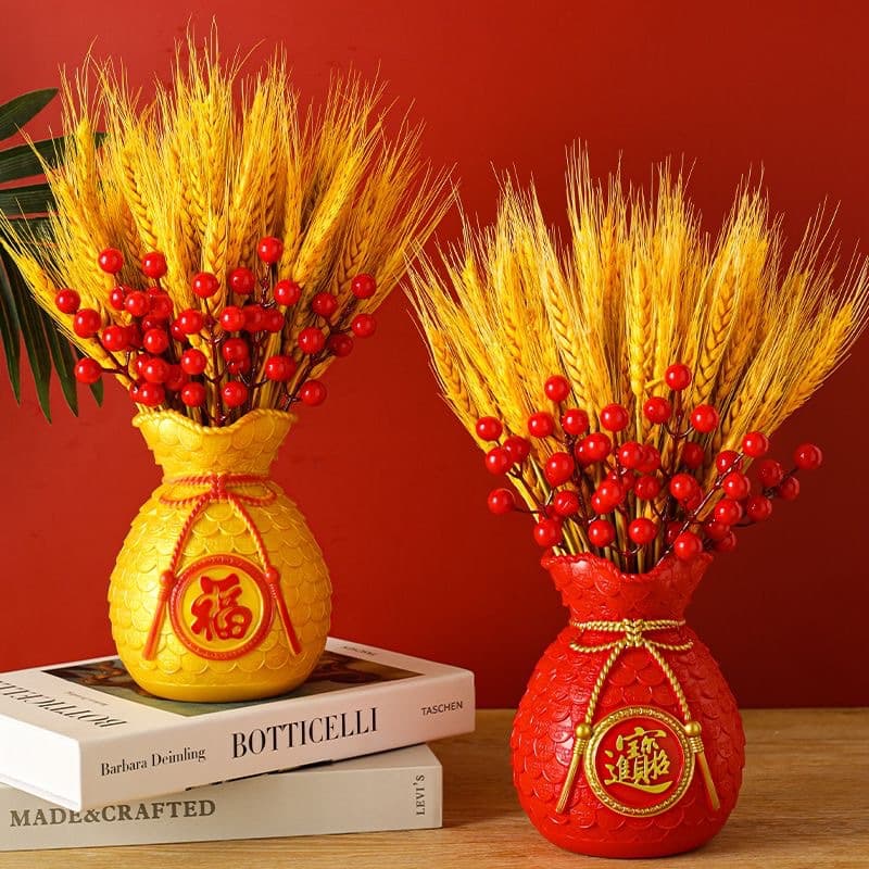Wheat Ear Decorative Vase for TV Cabinet, Dried Wheat Flower Arrangement with Fortune Bag