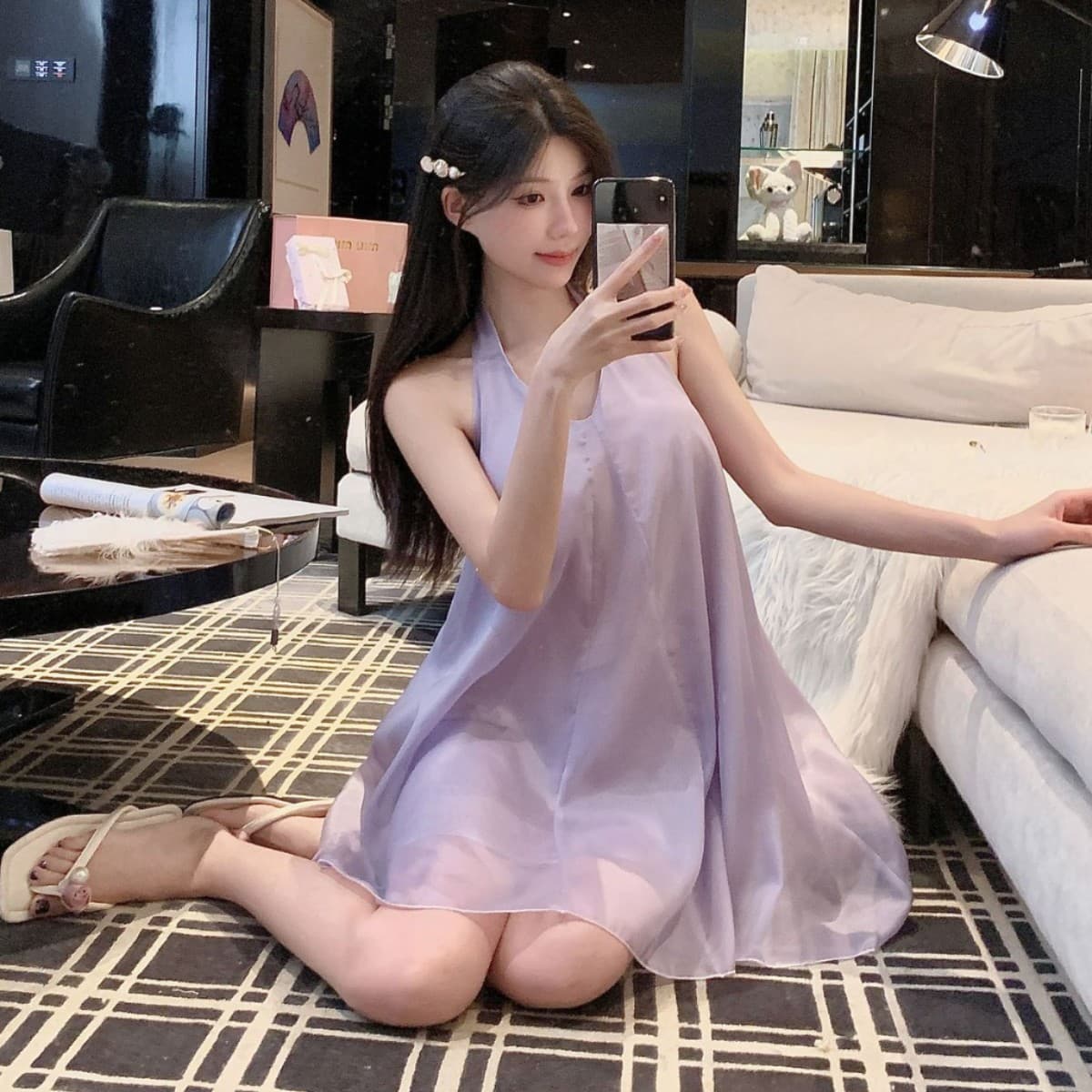 Pure lust sexy backless halter neck suspender nightgown for women summer thin pajamas home short skirt can be worn outside the dress