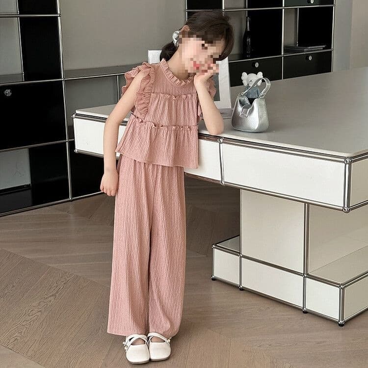 Wide-leg pants suit sleeveless medium-sized children and girls casual summer 2024 summer two-piece set trendy new style flying sleeves