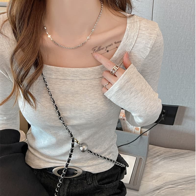 Ribbed Square Neck Spring/Autumn/Winter Base Layer Can Be Worn Alone or Layered Women's High-End Modal T-Shirt Slim Fit Long Sleeve