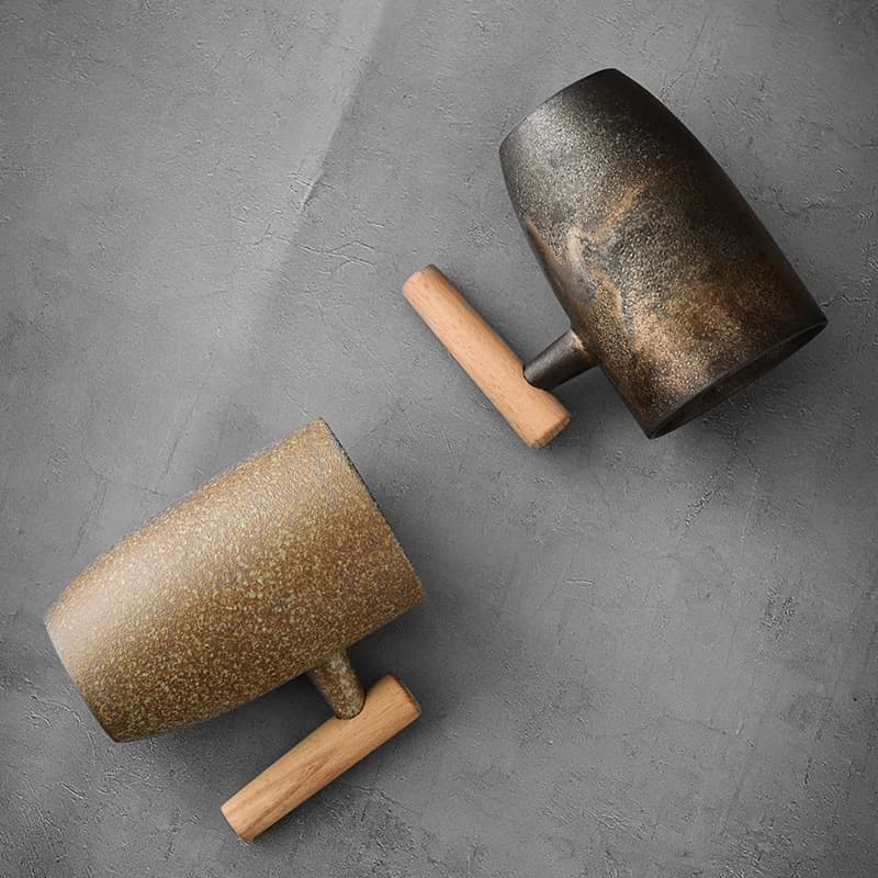 Japanese Style Simple Wooden Handle Cup, High Temperature Reduction Firing, Handmade Vintage Coffee Cup, Ceramic Tea Cup, Single Cup