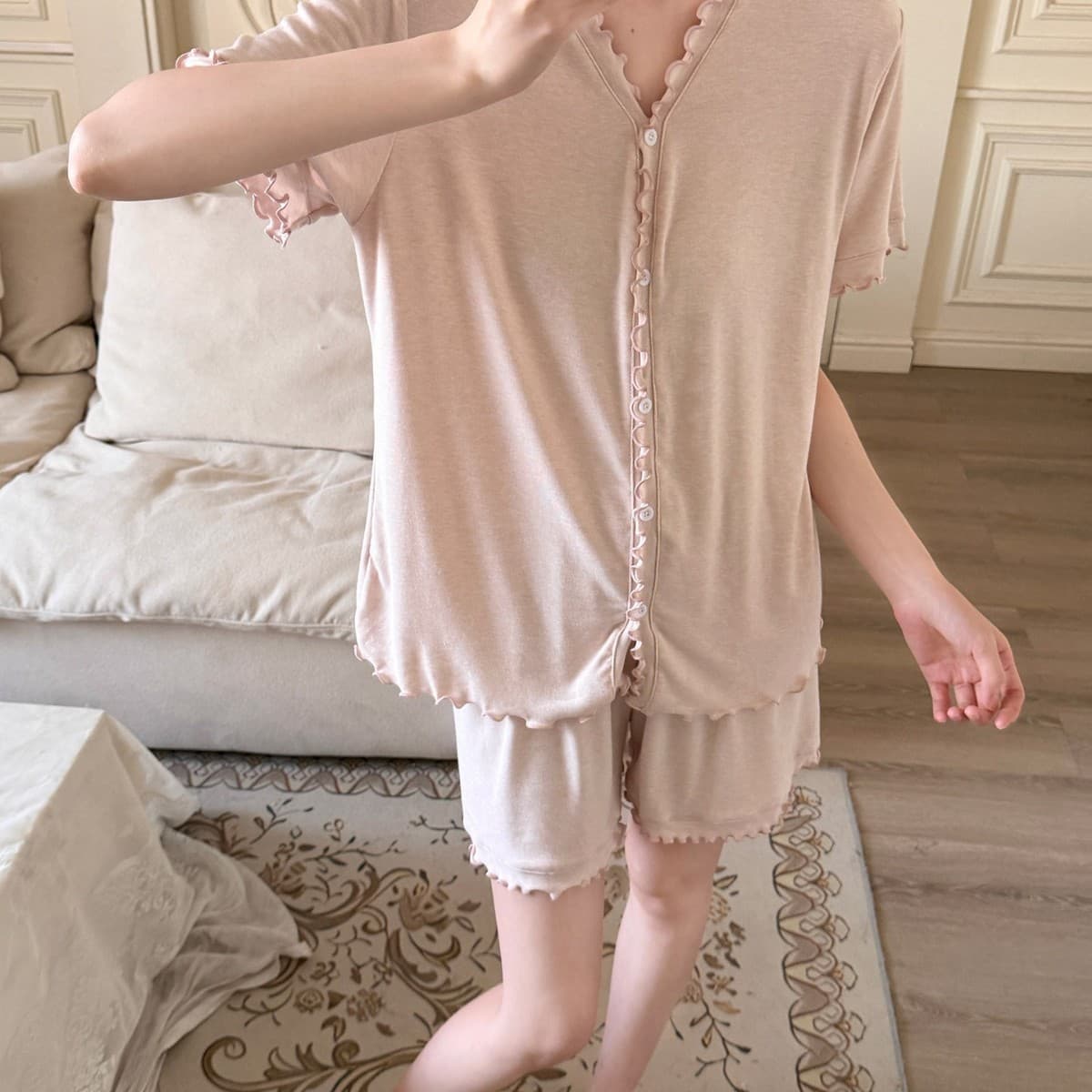 Women's Summer Modal V-Neck Ruffle Short-Sleeve Shorts Pajama Set 2026 New Loose Casual Loungewear Set