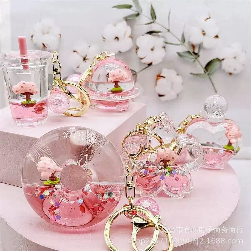 Trendy Acrylic Liquid Cartoon Girl Heart Cherry Blossom Diary Cherry Blossom Tree Oil Quicksand Bottle Keychain Key Chain