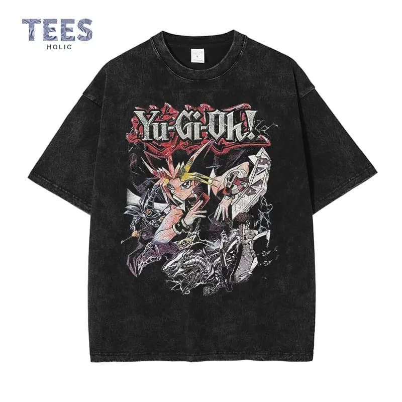 Anime Yu-Gi-Oh! T-Shirt Men's Retro Vintage Washed Yugi Muto Print Tee Oversized Streetwear