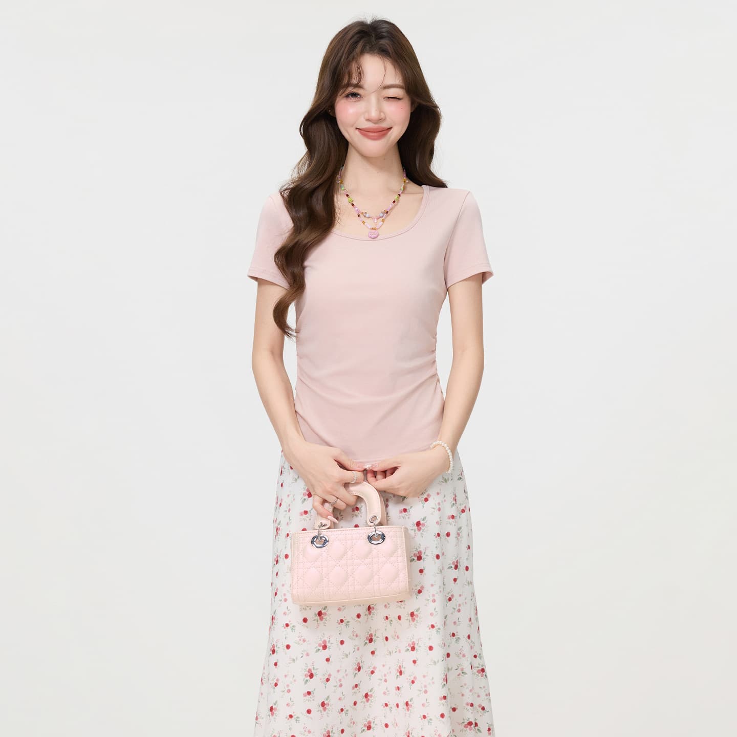 Pink Sweet U-Neck Slim Fit Short Sleeve T-Shirt for Women 2026 Spring/Summer New Ruched Waist Slimming Straight Shoulder Top
