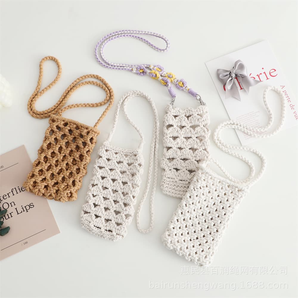 Handwoven Phone Bag Summer Mini Crossbody Vacation Women's Bag Multi-Color Cotton Rope Net Bag