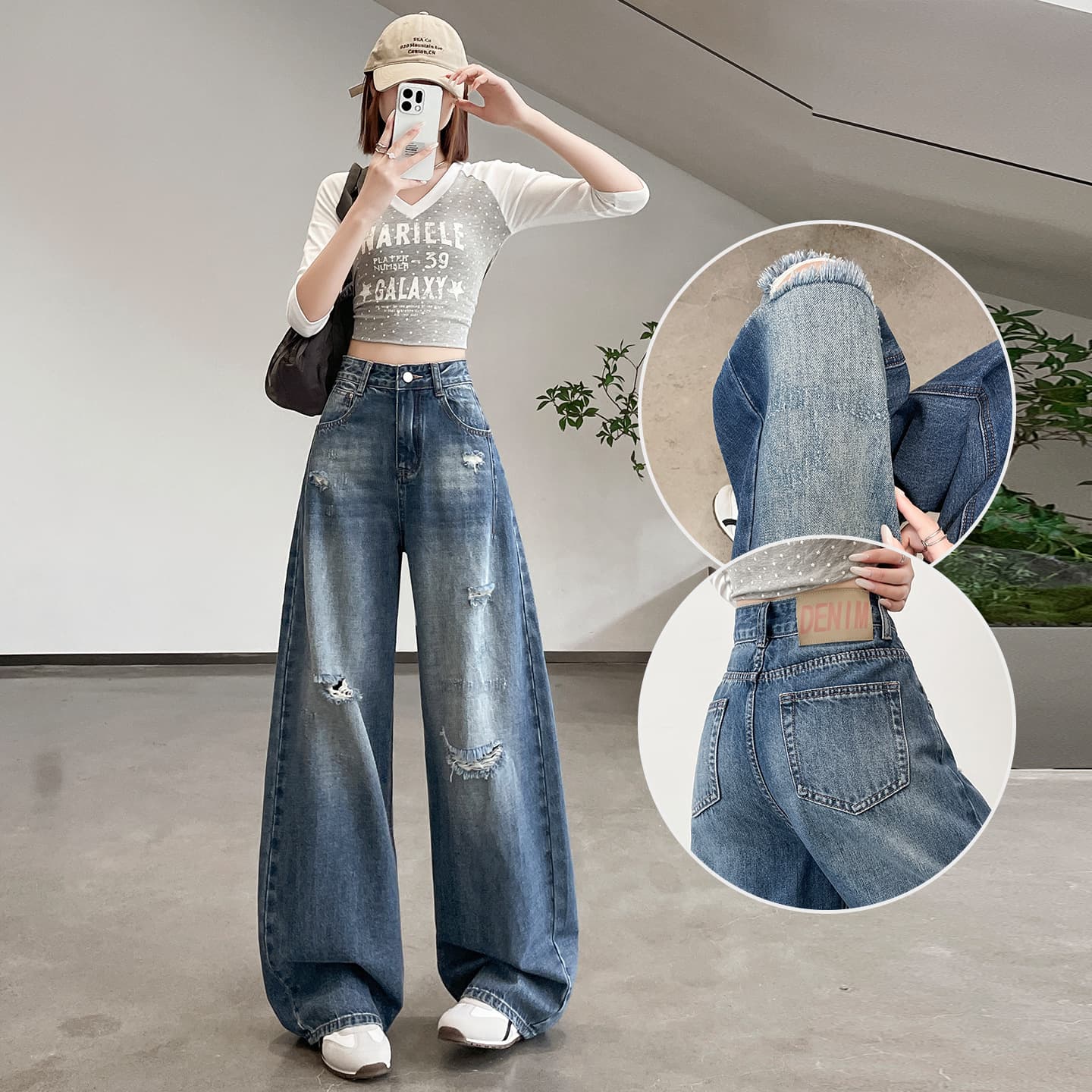 Vintage Blue Distressed Denim Jeans for Women, Spring/Fall New Arrival, High-Waist Loose Fit, Floor-Length Wide-Leg Pants