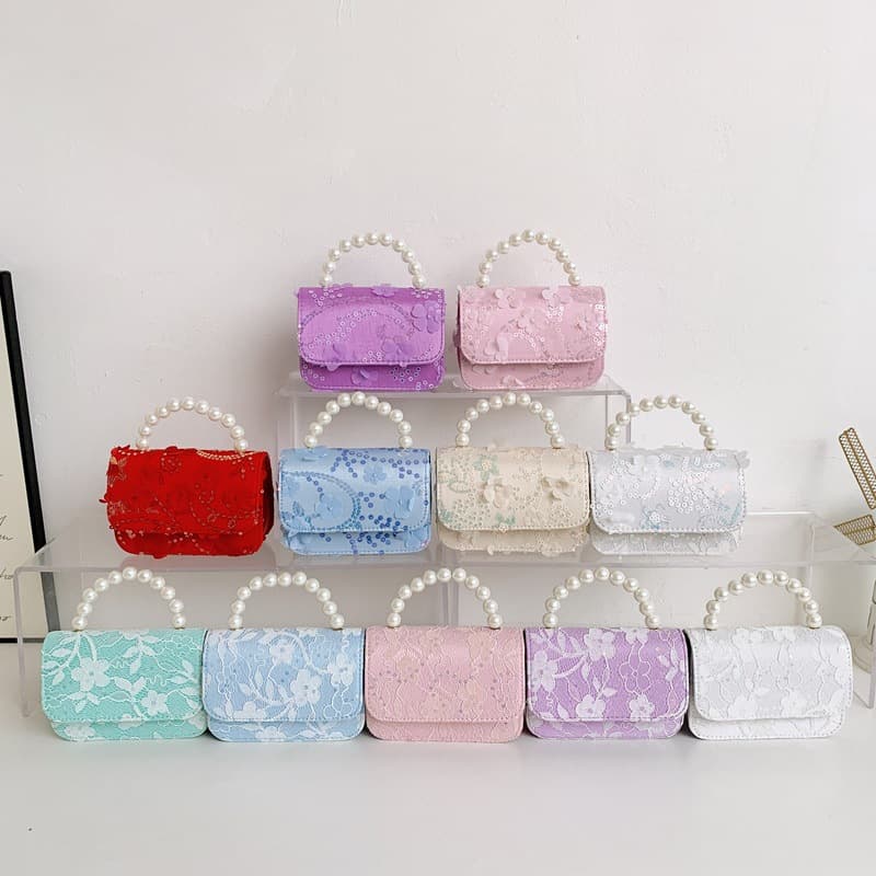New Pearl Handheld Plain Naked Bag with Glitter Cute Flowers, Children's Bag, Girl's DIY Coin Shoulder Crossbody Bag