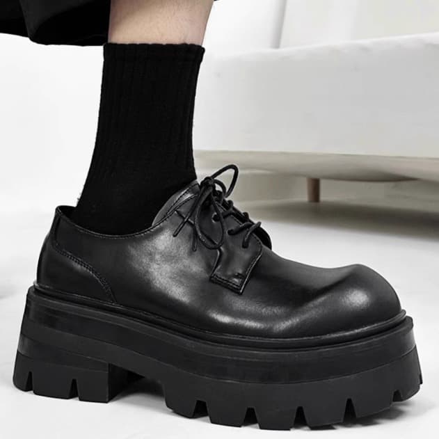 7cm Thick Sole Black Blood Series Genuine Leather Derby Shoes for Men Height Increase Chunky Toe Casual Leather Shoes for Women Commuter Trend