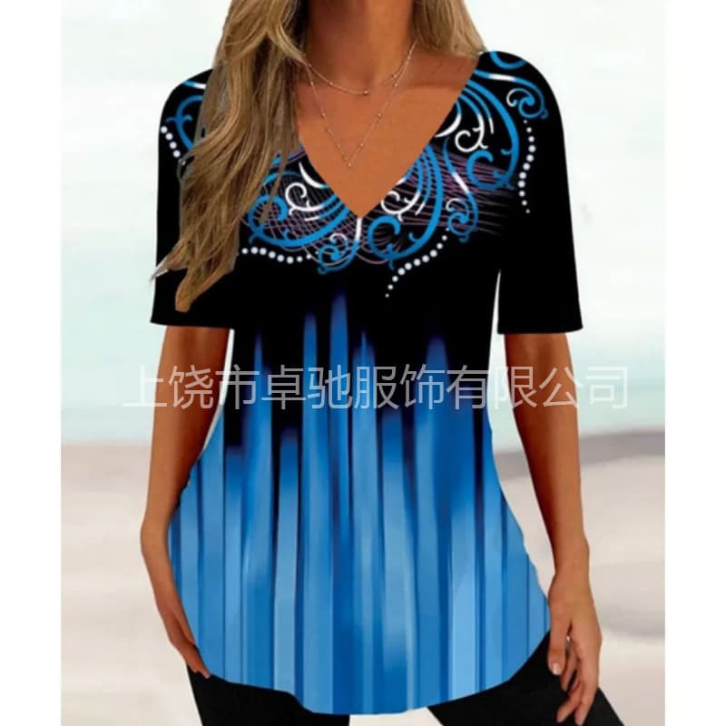 2025 Independent Station Explosions Retro Women's Ethnic Geometric Painted Harajuku T-shirt Women's Casual Short-sleeved V-neck Women's Top