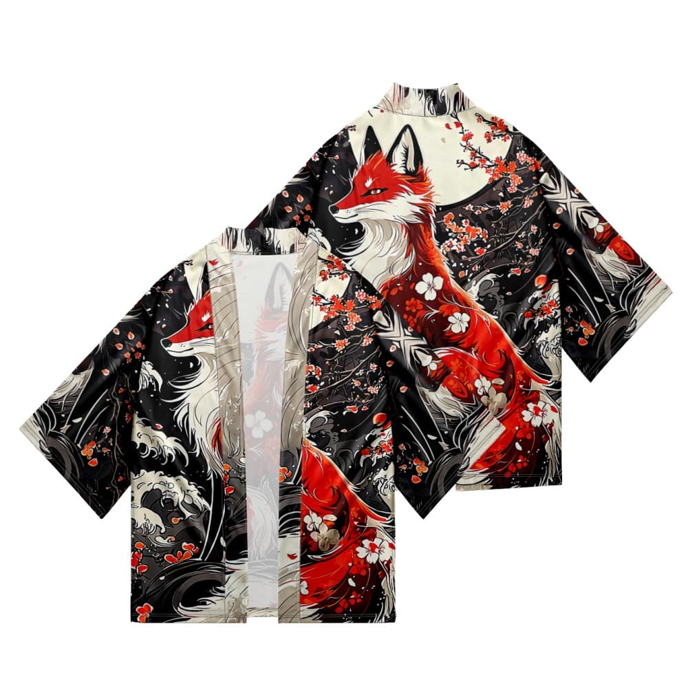 Summer Japanese Haori Shirt Fox Print Seven-Point Sleeve Open Front Loose Men's Kimono