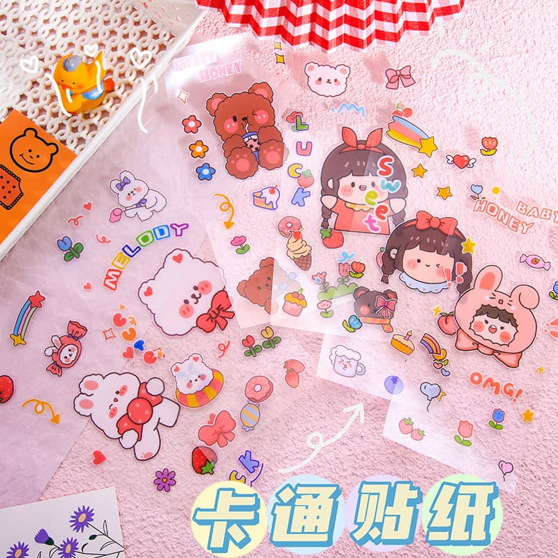Cute cartoon stickers, Instagram-worthy girly journal stickers, water bottle stationery transparent PVC decorative stickers