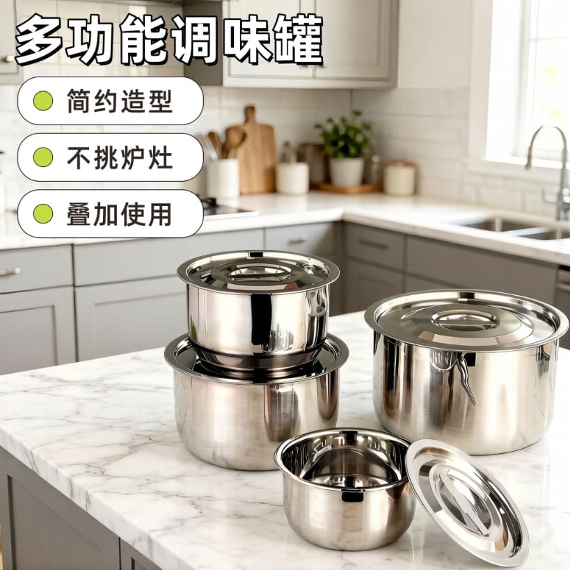 Cross-Border Stainless Steel Saucepan with Lid, Seasoning Pot, Thai-Style Soup Pot, Kitchen Cookware Set of 5