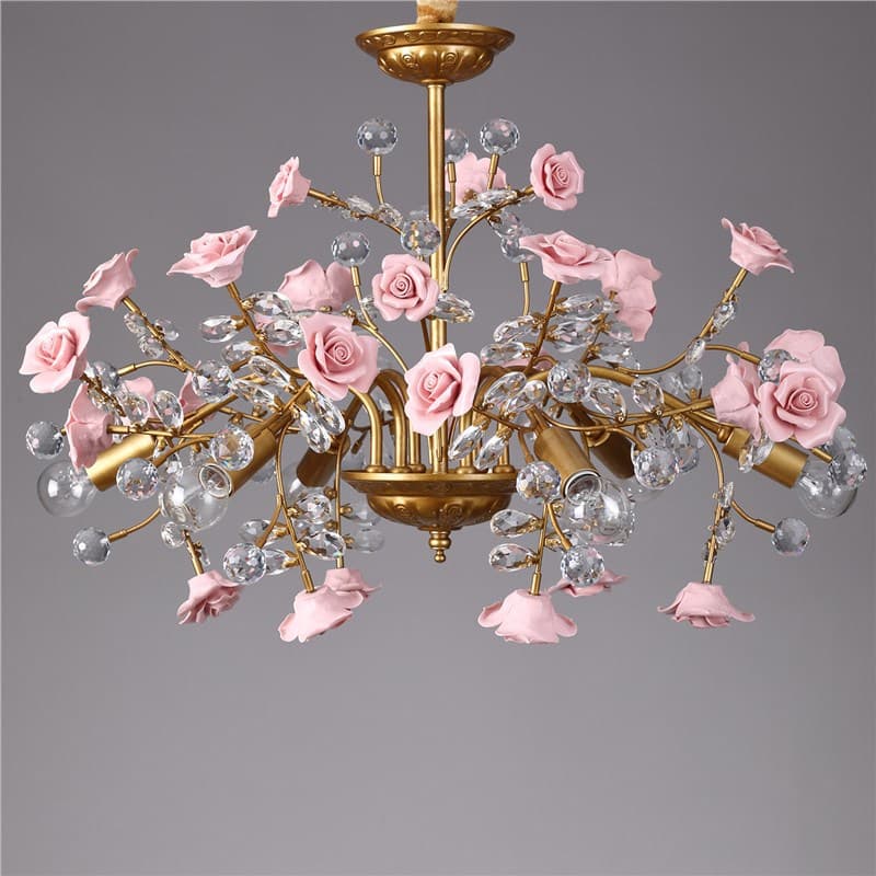 2025 New French Retro High-End Rose Ceramic Living Room Crystal Chandelier Warm Atmosphere Master Bedroom Girl's Room