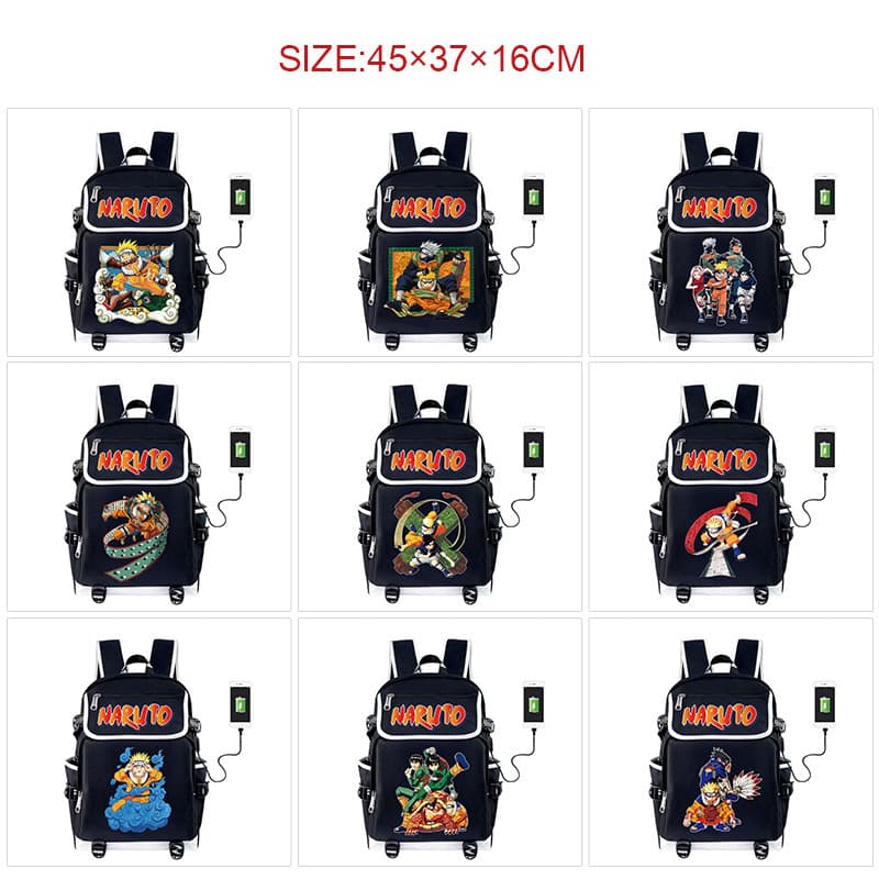 Naruto Student Large Capacity Backpack with Printed Flap, USB Charging Travel Bag